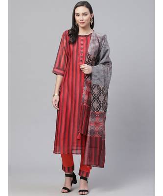 Red Chanderi Silk Stitched Suit with Digital Handloom & Indie Print with Maheshwari Dupatta 1