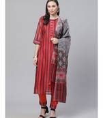 Red Chanderi Silk Stitched Suit with Digital Handloom & Indie Print with Maheshwari Dupatta