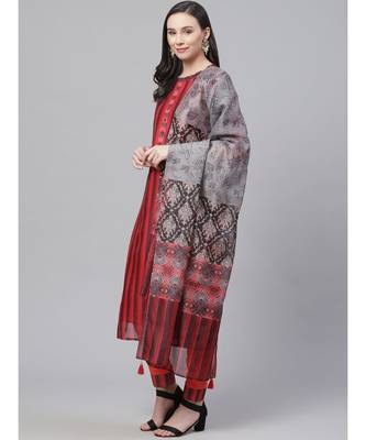 Red Chanderi Silk Stitched Suit with Digital Handloom & Indie Print with Maheshwari Dupatta 2