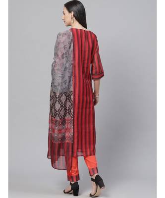 Red Chanderi Silk Stitched Suit with Digital Handloom & Indie Print with Maheshwari Dupatta 3