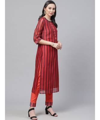 Red Chanderi Silk Stitched Suit with Digital Handloom & Indie Print with Maheshwari Dupatta 4