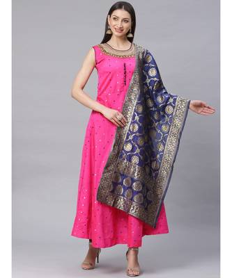 magenta Made to Measure Bright Pink Woven Anarkali Set with Contrast Banarasi Dupatta 1
