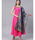 magenta Made to Measure Bright Pink Woven Anarkali Set with Contrast Banarasi Dupatta
