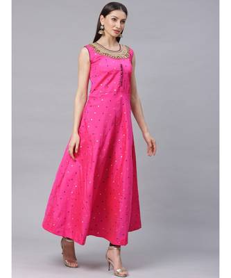 magenta Made to Measure Bright Pink Woven Anarkali Set with Contrast Banarasi Dupatta 5