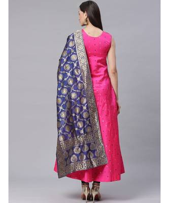 magenta Made to Measure Bright Pink Woven Anarkali Set with Contrast Banarasi Dupatta 6