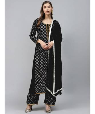 Black Made to Measure Black Kurta Pallazo Set with Gotta Patti Embroidery & Chiffon Dupatta 1