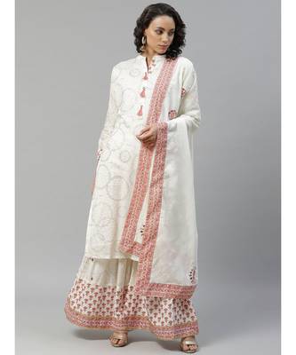 off white Made to Measure Sequence & Thread Embroidery Kurta Sharara Set with Gotta Patti Taping 1