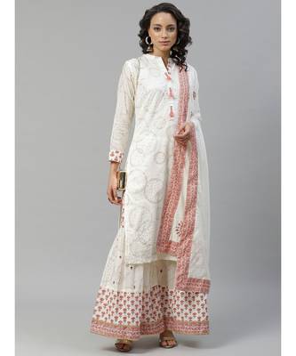 off white Made to Measure Sequence & Thread Embroidery Kurta Sharara Set with Gotta Patti Taping 2