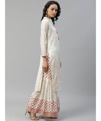 off white Made to Measure Sequence & Thread Embroidery Kurta Sharara Set with Gotta Patti Taping 3