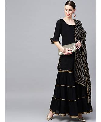 Black Cotton Kurta Set With Sharara, Gota Patti and Foil Print Dupatta 1