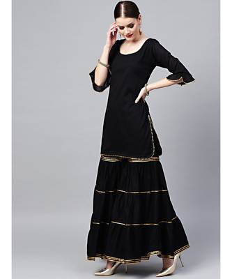 Black Cotton Kurta Set With Sharara, Gota Patti and Foil Print Dupatta 2