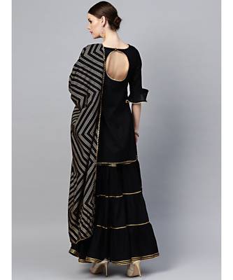 Black Cotton Kurta Set With Sharara, Gota Patti and Foil Print Dupatta 3