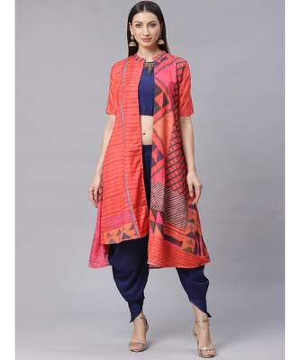 multicolor Made to Measure Embroidered Crop Top Dhoti Set with Abstract Print Jacket 1