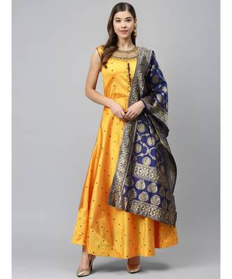 yellow Made to Measure Pastel Woven Embroidered Anarkali Set with Contrast Banarasi Dupatta 1