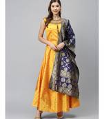 yellow Made to Measure Pastel Woven Embroidered Anarkali Set with Contrast Banarasi Dupatta
