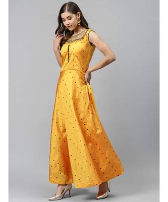yellow Made to Measure Pastel Woven Embroidered Anarkali Set with Contrast Banarasi Dupatta 5