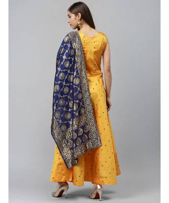yellow Made to Measure Pastel Woven Embroidered Anarkali Set with Contrast Banarasi Dupatta 6