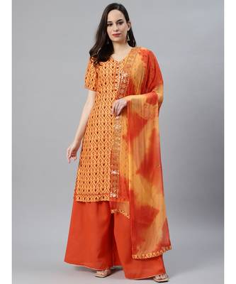 Orange Ikat Inspired Cotton Stitched Kurta Pallazzos Set with Chiffon Gotta Patti Dupatta 1