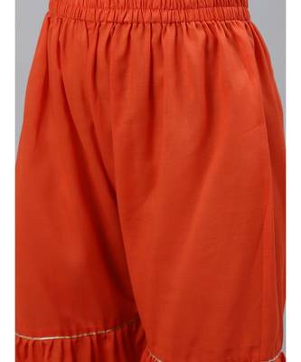 Orange Ikat Inspired Cotton Stitched Kurta Pallazzos Set with Chiffon Gotta Patti Dupatta 3