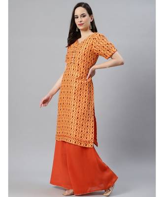 Orange Ikat Inspired Cotton Stitched Kurta Pallazzos Set with Chiffon Gotta Patti Dupatta 5