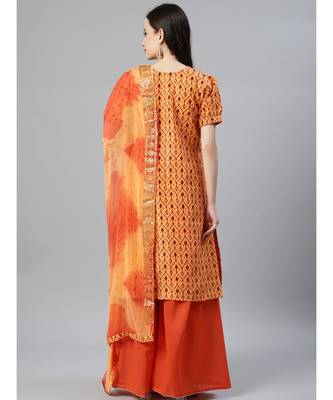 Orange Ikat Inspired Cotton Stitched Kurta Pallazzos Set with Chiffon Gotta Patti Dupatta 6