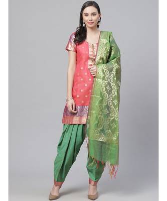 Pink Handloom Chanderi Stitched Suit with Resham Gold Weave Pattern & Contrast Woven Dupatta 1