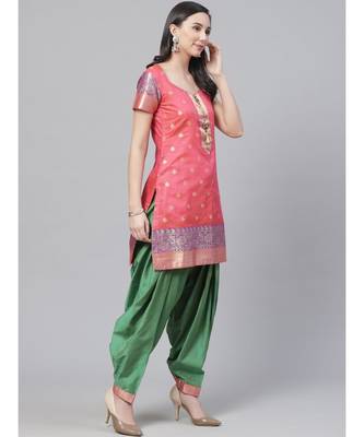 Pink Handloom Chanderi Stitched Suit with Resham Gold Weave Pattern & Contrast Woven Dupatta 2