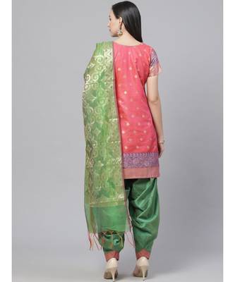 Pink Handloom Chanderi Stitched Suit with Resham Gold Weave Pattern & Contrast Woven Dupatta 3