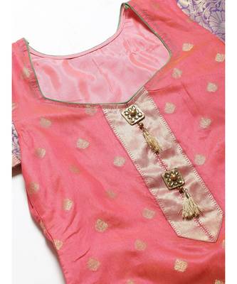 Pink Handloom Chanderi Stitched Suit with Resham Gold Weave Pattern & Contrast Woven Dupatta 4