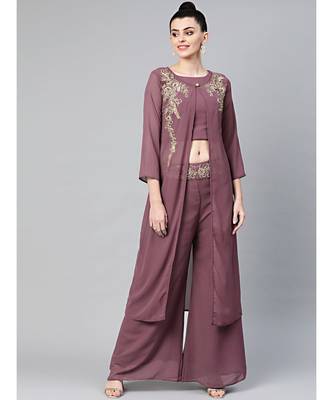 purple Made to Measure Kurta Pallazo Set with front open jacket and Kundan emellishments 1
