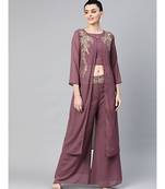 purple Made to Measure Kurta Pallazo Set with front open jacket and Kundan emellishments