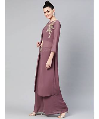 purple Made to Measure Kurta Pallazo Set with front open jacket and Kundan emellishments 2