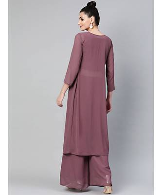 purple Made to Measure Kurta Pallazo Set with front open jacket and Kundan emellishments 3