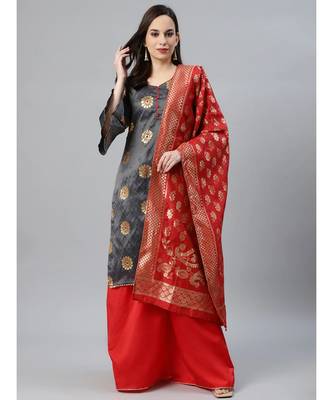 multicolor Banarasi French Silk Stitched Suit Dupatta with Pallazzos, Gota Patti & Banarasi Dupatta 1