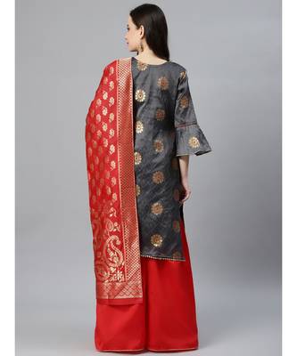 multicolor Banarasi French Silk Stitched Suit Dupatta with Pallazzos, Gota Patti & Banarasi Dupatta 6