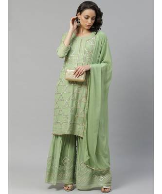 green Made to Measure Gota-Patti & Resham Embroidery Kurta Sharara Set with Chiffon Dupatta 1