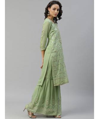 green Made to Measure Gota-Patti & Resham Embroidery Kurta Sharara Set with Chiffon Dupatta 2