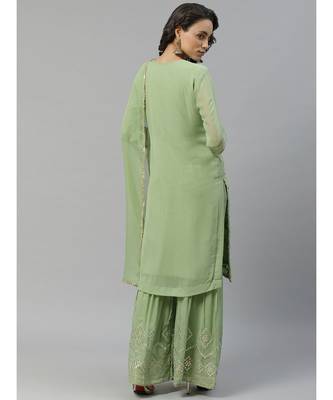 green Made to Measure Gota-Patti & Resham Embroidery Kurta Sharara Set with Chiffon Dupatta 3