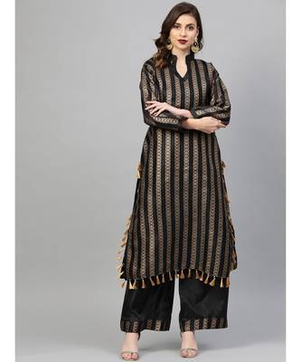 Black Made to Measure Kurta Pallazo Set With Gold Foil Print and tassled fringed hemline 1