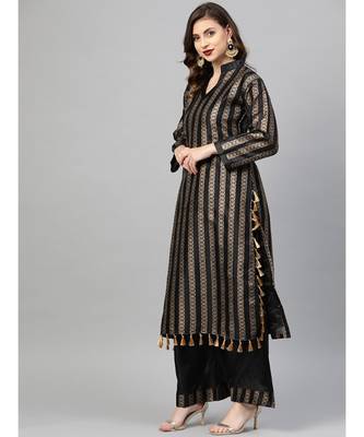 Black Made to Measure Kurta Pallazo Set With Gold Foil Print and tassled fringed hemline 3
