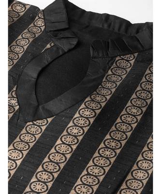 Black Made to Measure Kurta Pallazo Set With Gold Foil Print and tassled fringed hemline 4