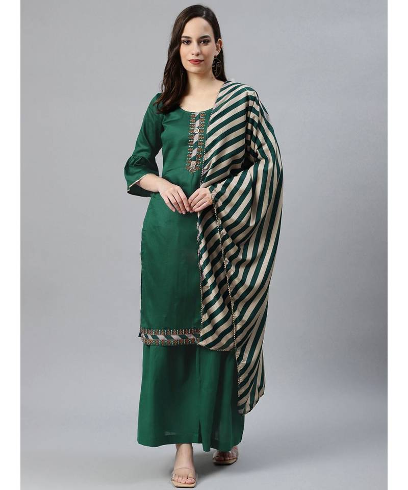 multicolor Cotton Stitched Kurta Sharara Set With Printed Gotta Pati Dupatta & Bell Sleeves