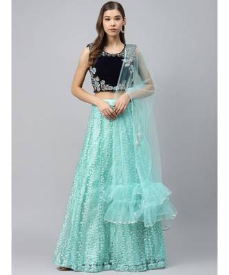 Turquoise embroidered Net readymade-lehenga-cholis 1