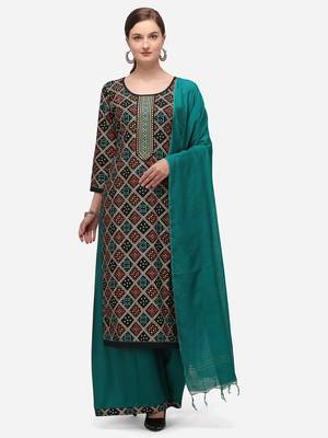 Black & Sea Green Color Bandhani Unstitched Dress Material 1