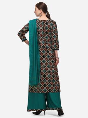 Black & Sea Green Color Bandhani Unstitched Dress Material 2