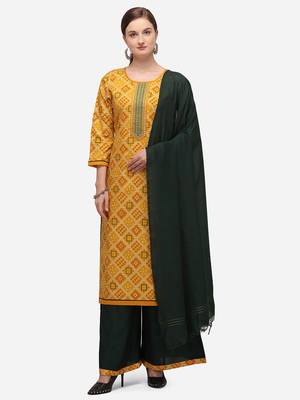 Mustard & Green Color Bandhani Unstitched Dress Material 1
