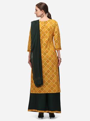 Mustard & Green Color Bandhani Unstitched Dress Material 2