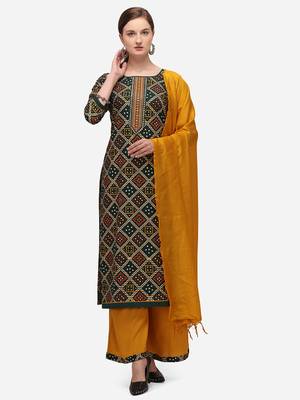 Green & Mustard Color Bandhani Unstitched Dress Material 1