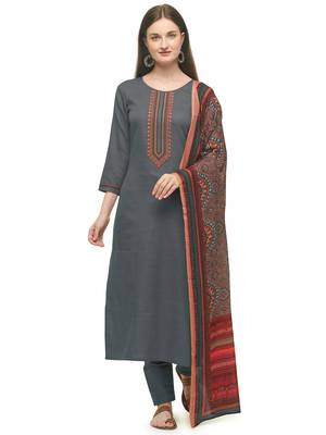 Grey Color Printed Dupatta Unstitched Dress Material 1