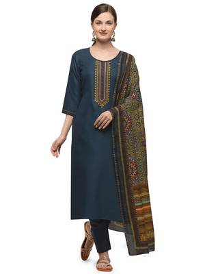 Peacock Blue Color Printed Dupatta Unstitched Dress Material 1